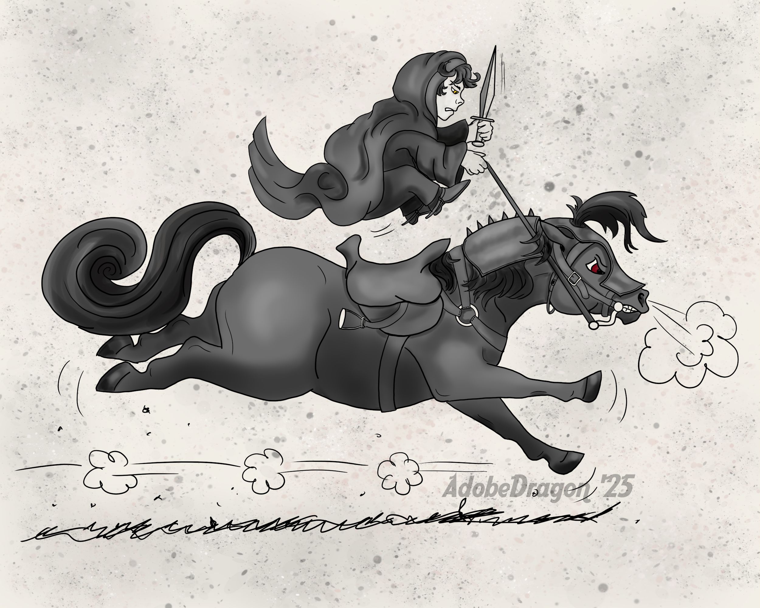 A cartoon drawing of a hobbit Nazgul. The hobbit (Frodo) clings grimly to the reins of a runaway pony, bouncing high in the saddle.