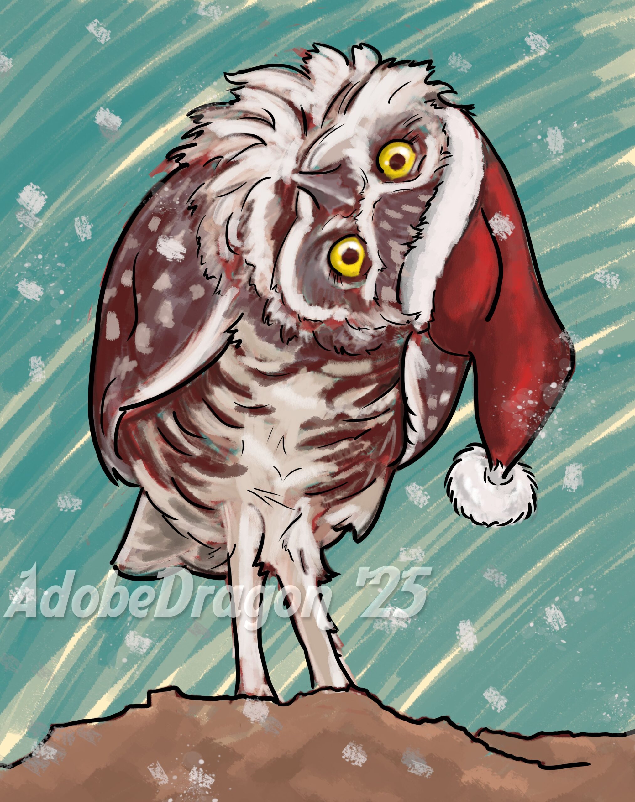 Painting of a burrowing owl. Its head is turned sideways and it is wearing a Santa hat.