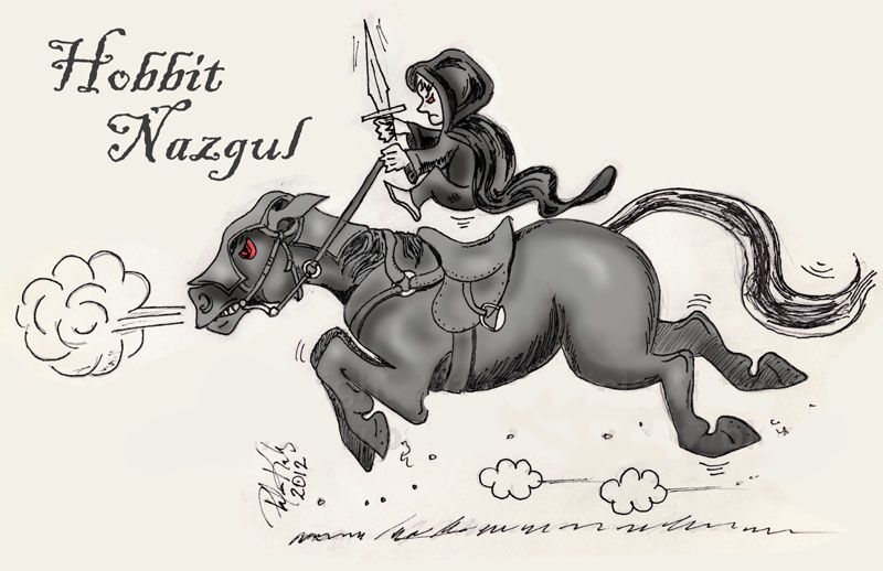 Cartoon of a hobbit Nazgul in the style of the artist Norman Thelwell. Caption reads, "Hobbit Nazgul."